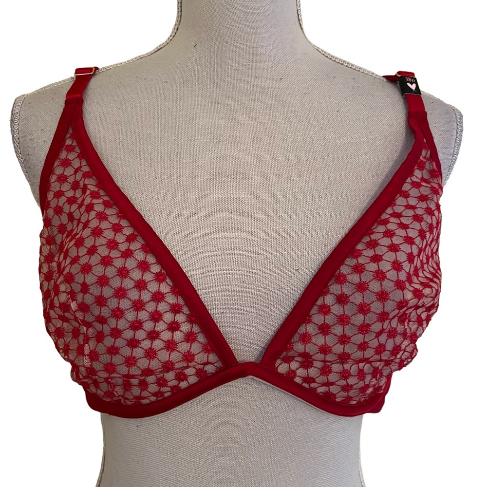 Victoria's Secret Red "Starburst" Sheer Unlined Strappy Plunge Bra 32DD